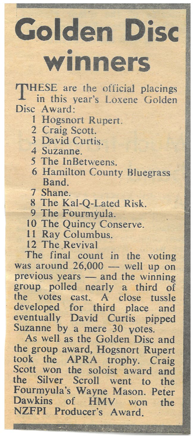 Newspaper clipping — Golden Disc voting results, David Curtis 3rd place
